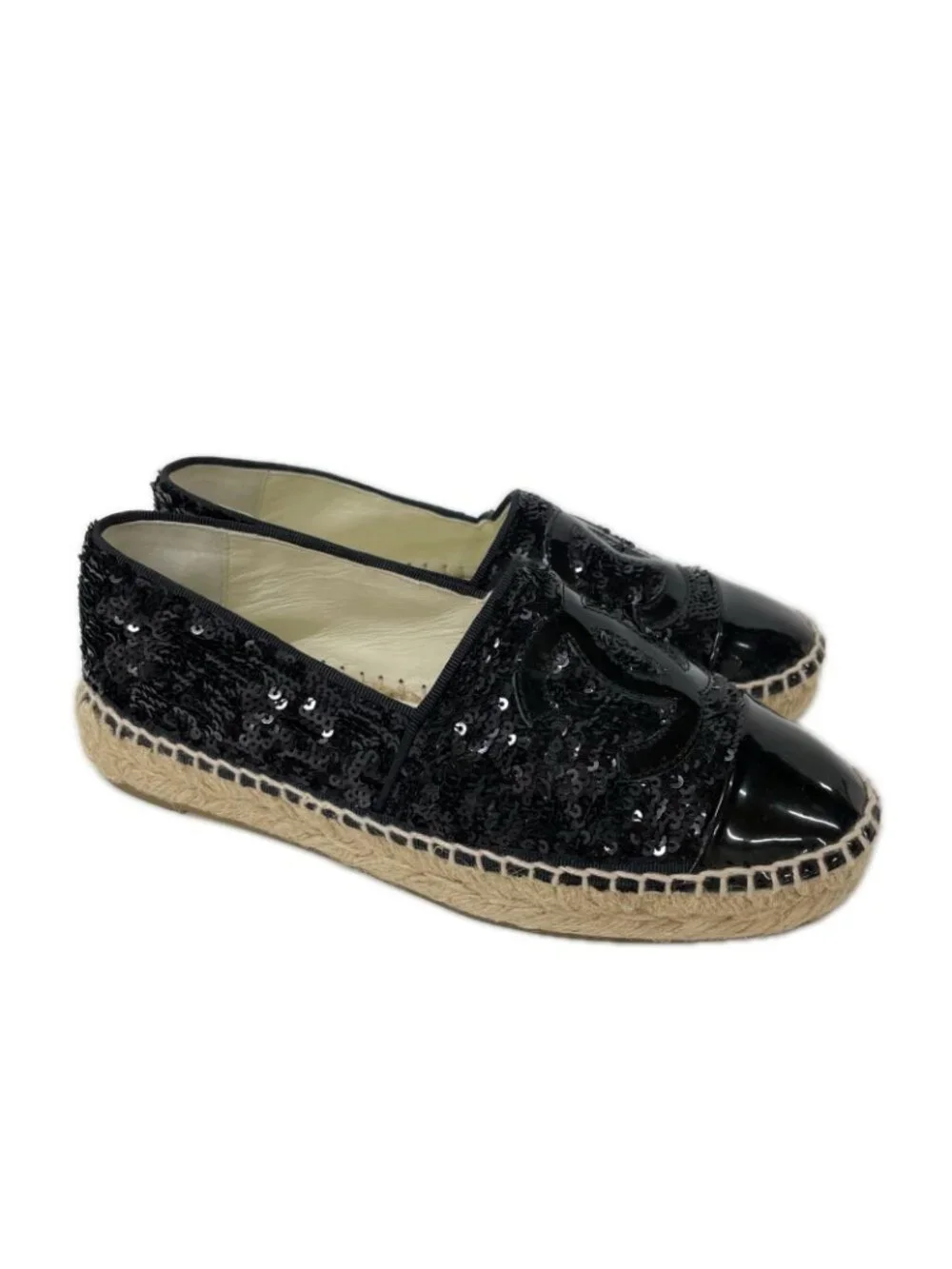 Chanel CC Logo Patent Sequin Espadrilles Shoes